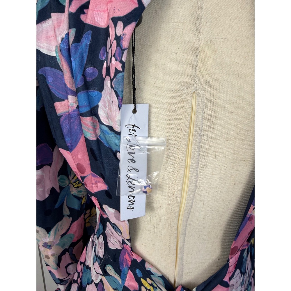 NWT For Love & Lemons Victoria Satin Floral Midi Dress Navy Pink Long Sleeve M - Picture 11 of 13